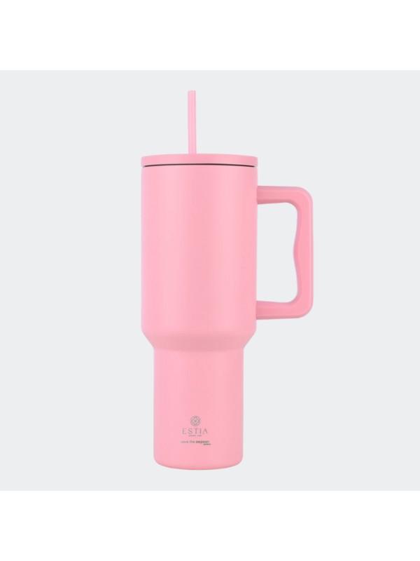 Estia Straw Tumbler XL Save the Aegean Ανακυκλώσιμο Handled Tumbler Θερμός Ανοξείδωτο BPA Free 1.2lt Blossom Rose με Καλαμάκι και Λαβή