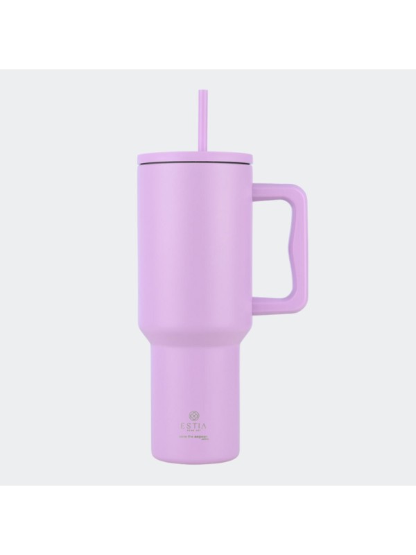 Estia Straw Tumbler XL Save the Aegean Ανακυκλώσιμο Handled Tumbler Θερμός Ανοξείδωτο BPA Free 1.2lt Lavender Purple με Καλαμάκι και Λαβή