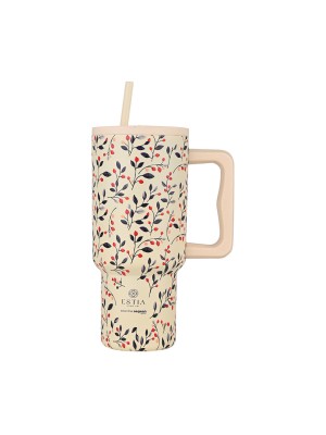 Estia Straw Tumbler XL Save the Aegean  Θερμός Ανοξείδωτο BPA Free 900ml Bloom Beige με Καλαμάκι και Λαβή Κωδικός: 01-35181 