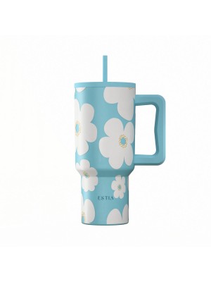 Estia Save Aegean Ανακυκλώσιμο Handled Tumbler Θερμός Ανοξείδωτο BPA Free 900ml BLUE DAISY με Καλαμάκι και Λαβή Κωδικός: 01-41618 