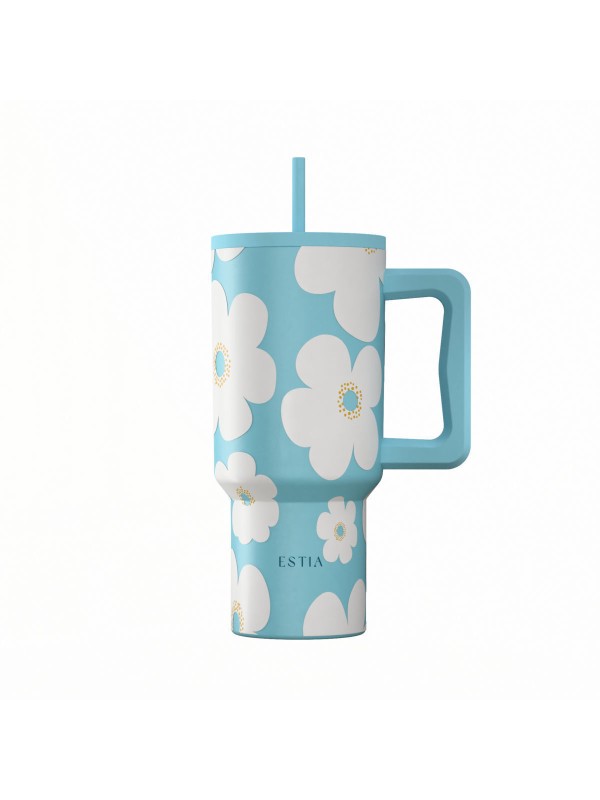 Estia Save Aegean Ανακυκλώσιμο Handled Tumbler Θερμός Ανοξείδωτο BPA Free 900ml BLUE DAISY με Καλαμάκι και Λαβή Κωδικός: 01-41618 
