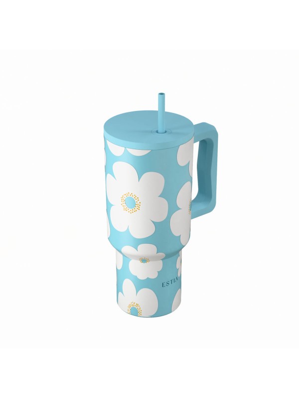 Estia Save Aegean Ανακυκλώσιμο Handled Tumbler Θερμός Ανοξείδωτο BPA Free 900ml BLUE DAISY με Καλαμάκι και Λαβή Κωδικός: 01-41618 