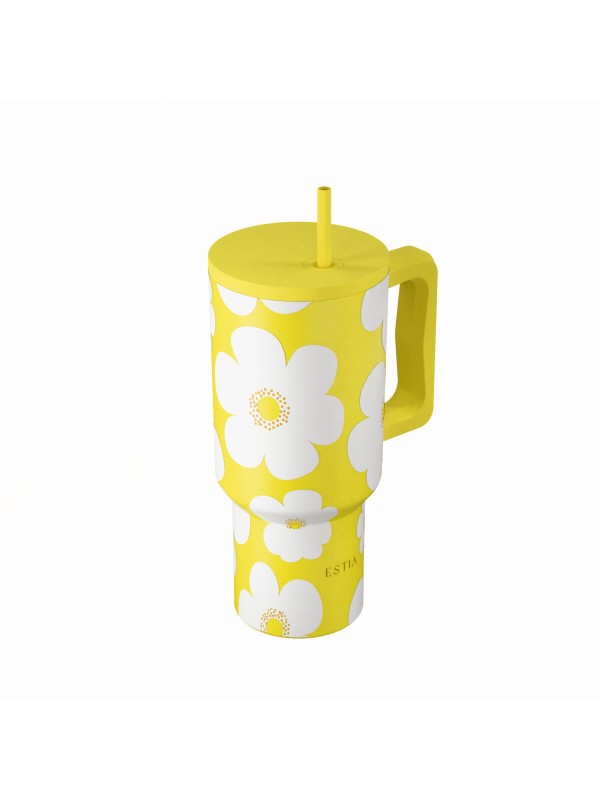 Estia Save Aegean Ανακυκλώσιμο Handled Tumbler Θερμός Ανοξείδωτο BPA Free 900ml YELLOW DAISY με Καλαμάκι και Λαβή 01-41625