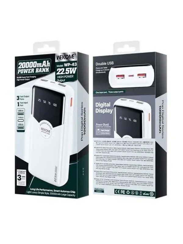 WK WP-43 Power Bank 10000mAh 22.5W με 2 Θύρες USB-A και Θύρα USB-C Power Delivery Λευκό WK WP-43 Power Bank 10000mAh 22.5W με 2 Θύρες USB-A και Θύρα USB-C Power Delivery Λευκό