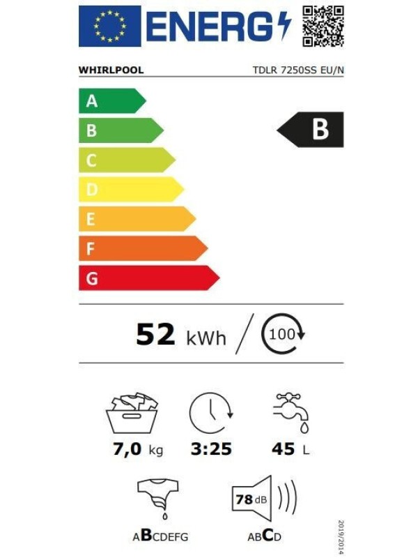 Whirlpool Πλυντήριο Ρούχων 7kg 1200 Στροφών 6th Sense TDLR7250SS