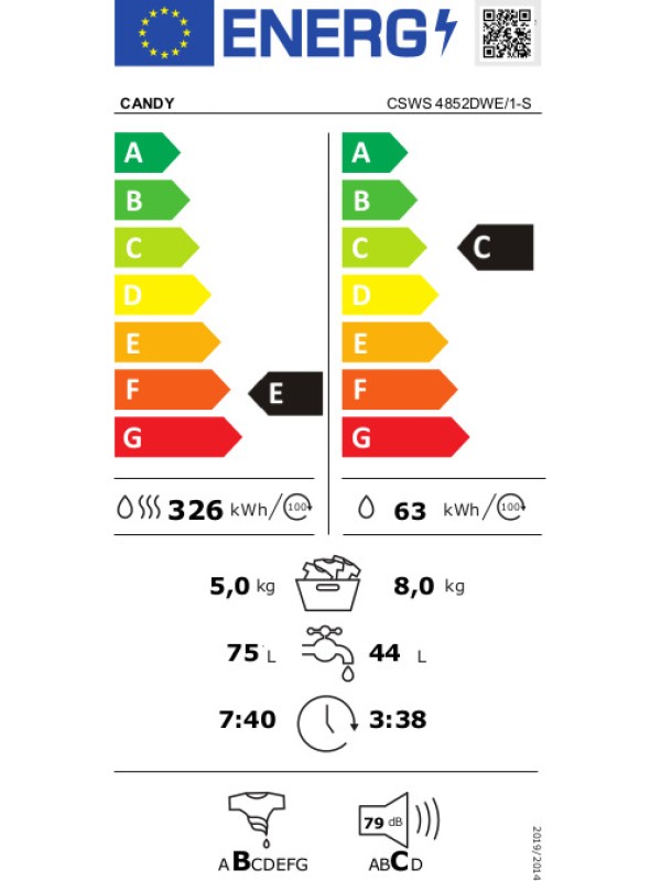 Candy CSWS 4852DWE/1-S Πλυντήριο-Στεγνωτήριο Ρούχων 8kg/5kg Ατμού 1400 Στροφές