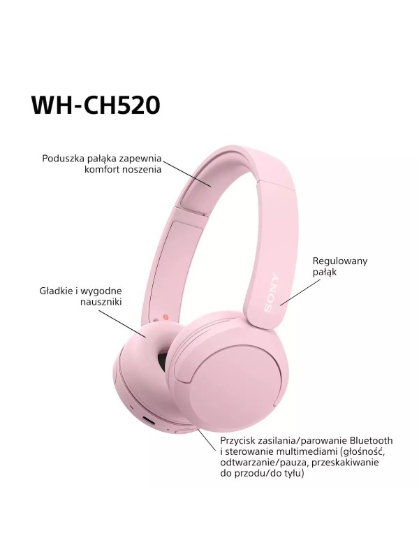 Sony WH-CH520 Ασύρματα / Ενσύρματα On Ear Ακουστικά με 50 ώρες Λειτουργίας και Quick Charge Ροζ