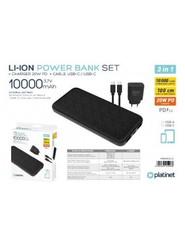 Platinet PMPB10SETB Power Bank 10000mAh 20W με 2 Θύρες USB-A Power Delivery Μαύρο