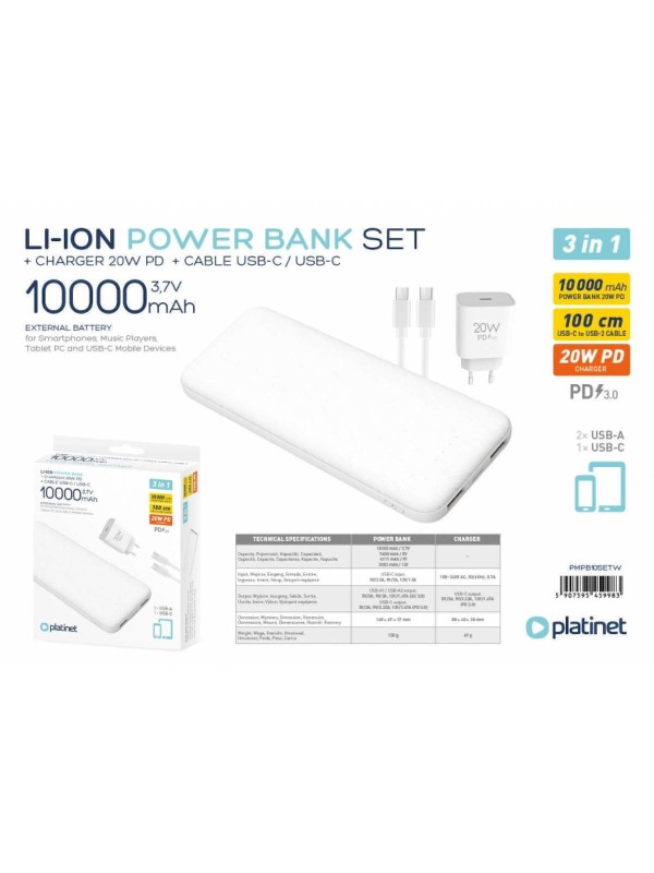 Platinet Set Power Bank 10000mAh 20W με 2 Θύρες USB-A και Θύρα USB-C Power Delivery Λευκό Platinet Set Power Bank 10000mAh 20W με 2 Θύρες USB-A και Θύρα USB-C Power Delivery Λευκό