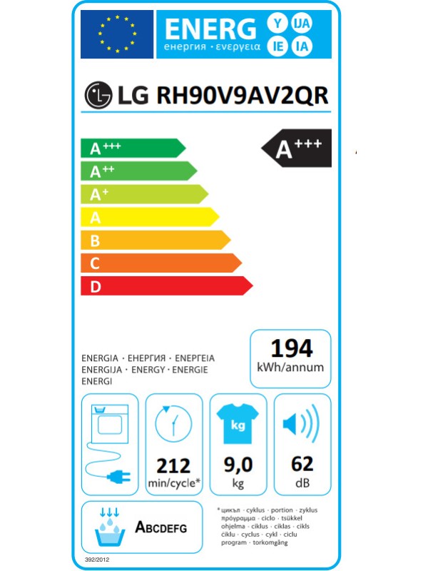LG RH90V9AV2QR Στεγνωτήριο 9kg A+++ με Αντλία Θερμότητας