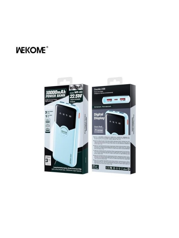 WK WP-43 Power Bank 10000mAh 22.5W με 2 Θύρες USB-A και Θύρα USB-C Power Delivery Μπλε WK WP-43 Power Bank 10000mAh 22.5W με 2 Θύρες USB-A και Θύρα USB-C Power Delivery Μπλε
