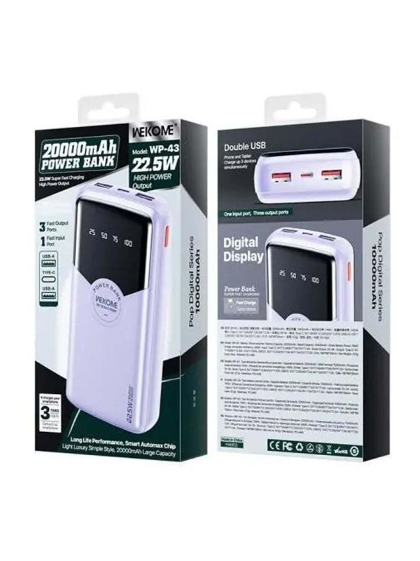 WK WP-43 Power Bank 10000mAh 22.5W με 2 Θύρες USB-A και Θύρα USB-C Power Delivery Μωβ WK WP-43 Power Bank 10000mAh 22.5W με 2 Θύρες USB-A και Θύρα USB-C Power Delivery Μωβ
