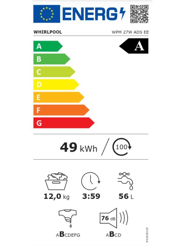 Whirlpool Πλυντήριο Ρούχων 12kg 1400 Στροφών WPM 27W ADS EE