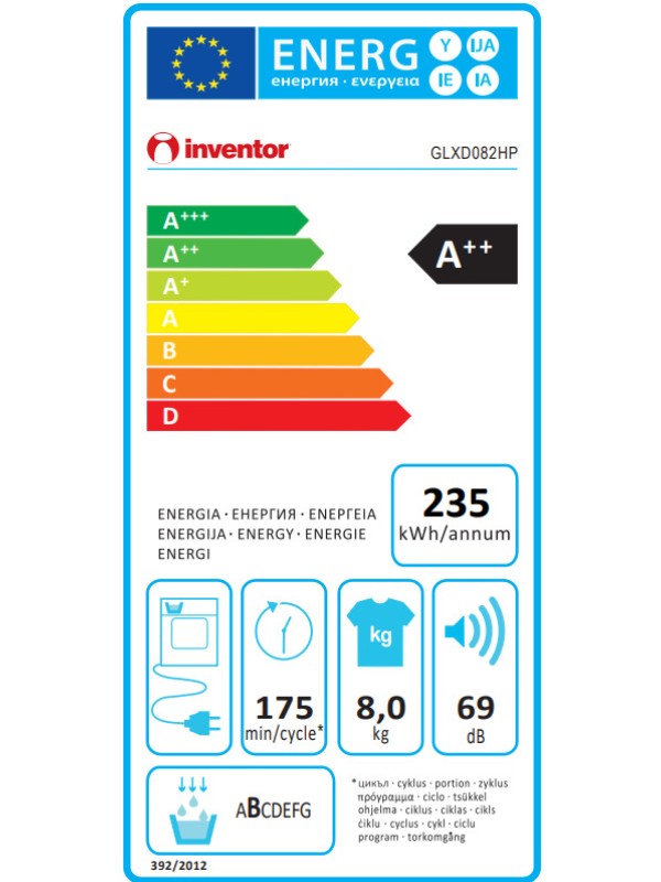 Inventor GLXD 082 HP Στεγνωτήριο 8kg A++ με Αντλία Θερμότητας