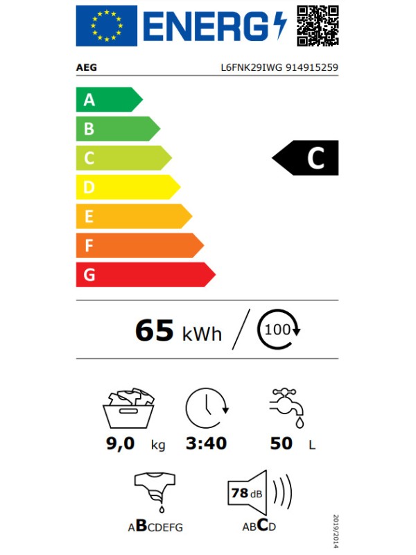 AEG L6FNK29IWG Πλυντήριο Ρούχων 9kg 1200 Στροφών AEG L6FNK29IWG Πλυντήριο Ρούχων 9kg 1200 Στροφών