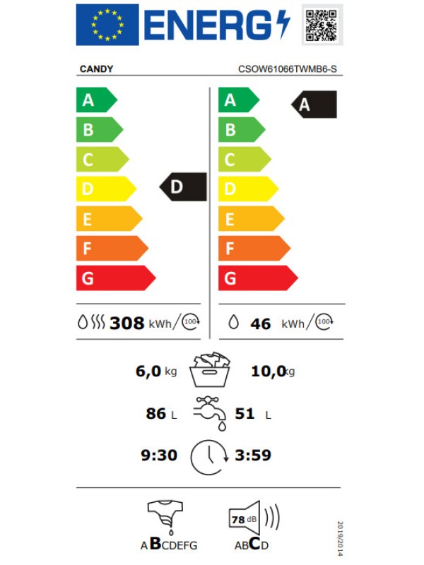 ΠΛΥΝΤΗΡΙΟ-ΣΤΕΓΝΩΤΗΡΙΟ ΡΟΥΧΩΝ CSO W61066TWMB6-S CANDY ΠΛΥΝΤΗΡΙΟ-ΣΤΕΓΝΩΤΗΡΙΟ ΡΟΥΧΩΝ CSO W61066TWMB6-S CANDY