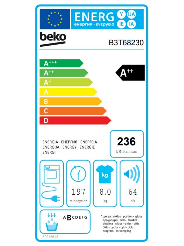 Beko B3T68230 Στεγνωτήριο 8kg A++ με Αντλία Θερμότητας Beko B3T68230 Στεγνωτήριο 8kg A++ με Αντλία Θερμότητας