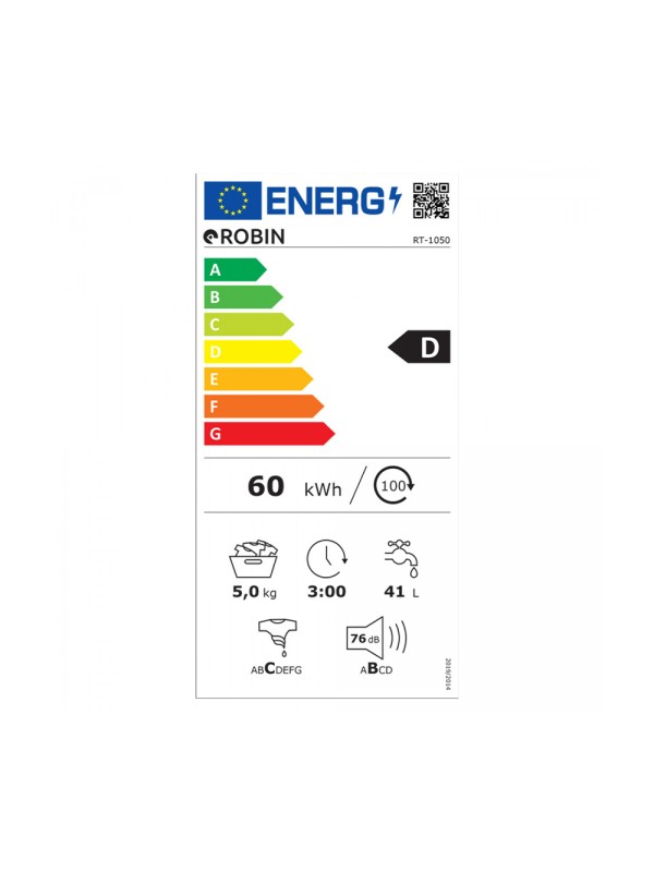 Robin RT-1050 Πλυντήριο Ρούχων 5kg 1000 Στροφών Robin RT-1050 Πλυντήριο Ρούχων 5kg 1000 Στροφών