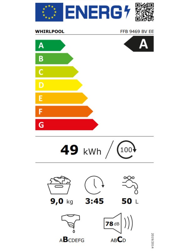 Whirlpool Πλυντήριο Ρούχων 9kg 1400 Στροφών FFB 9469 BV EE Whirlpool Πλυντήριο Ρούχων 9kg 1400 Στροφών FFB 9469 BV EE