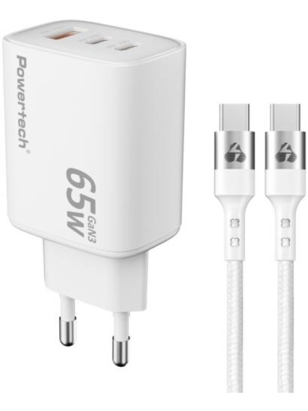 POWERTECH φορτιστής τοίχου PT-1415 με καλώδιο, USB/2x USB-C, 65W, GaN, λευκός POWERTECH φορτιστής τοίχου PT-1415 με καλώδιο, USB/2x USB-C, 65W, GaN, λευκός