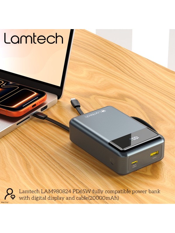 Lamtech LAM980824 Power Bank 20000mAh 65W με Θύρα USB-A & Θύρα USB-C Quick Charge 3.0 & Power Delivery Grey