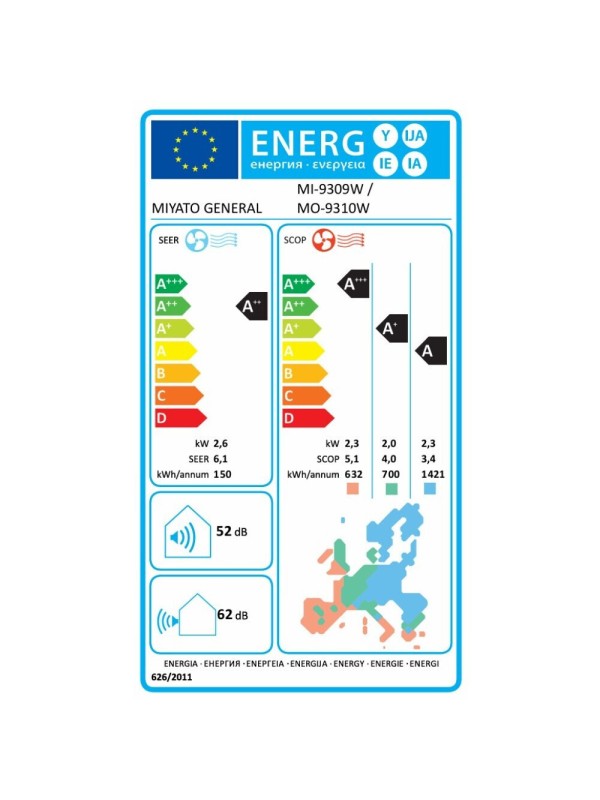 Κλιματιστικό MIYATO MO-9310/9309 W GENERAL  Inverter 9000 BTU A++/A+ με WiFi 