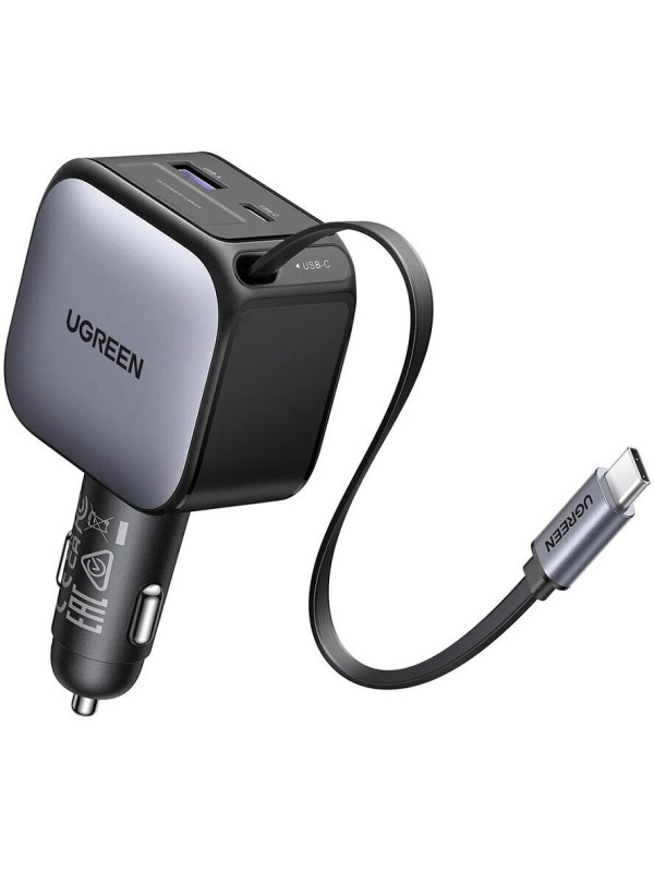 Ugreen EC602 Φορτιστής Αυτοκινήτου 60W 3A Γρήγορης Φόρτισης με Θύρες: 1xUSB 1xType-C μαζί με Καλώδιο Ενσωματωμένο Γκρι Χρώμα