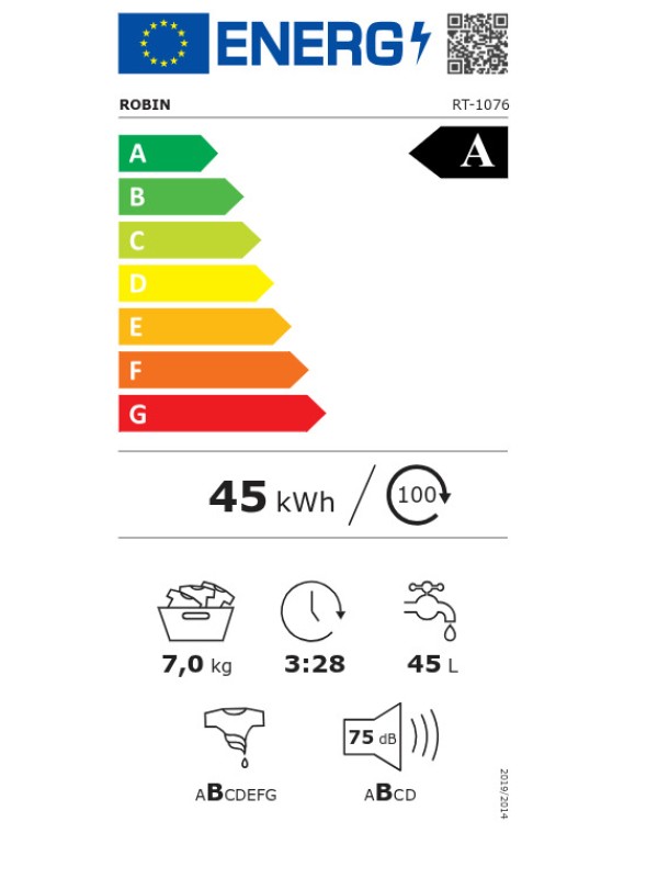 Robin Πλυντήριο Ρούχων 7kg με Τεχνολογία Ατμού 1200 Στροφών RT-1076 Robin Πλυντήριο Ρούχων 7kg με Τεχνολογία Ατμού 1200 Στροφών RT-1076