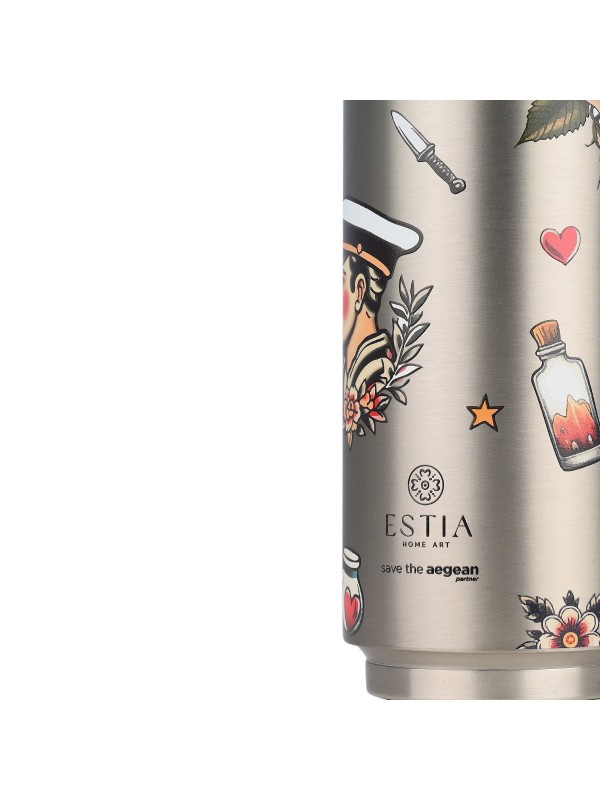 Estia Travel Cup Save the Aegean Ανακυκλώσιμο Ποτήρι Θερμός Ανοξείδωτο / Πλαστικό BPA Free 500ml old School με Καλαμάκι