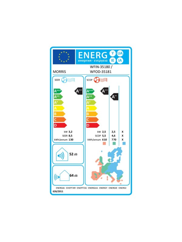 Morris WFIN-35180 Κλιματιστικό Inverter 12000 BTU A+++/A+++ με Ιονιστή και Wi-Fi Morris WFIN-35180 Κλιματιστικό Inverter 12000 BTU A+++/A+++ με Ιονιστή και Wi-Fi
